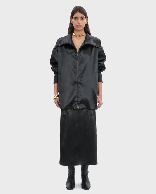 RIPPLED SATIN ZIP UP HOODED JACKET
