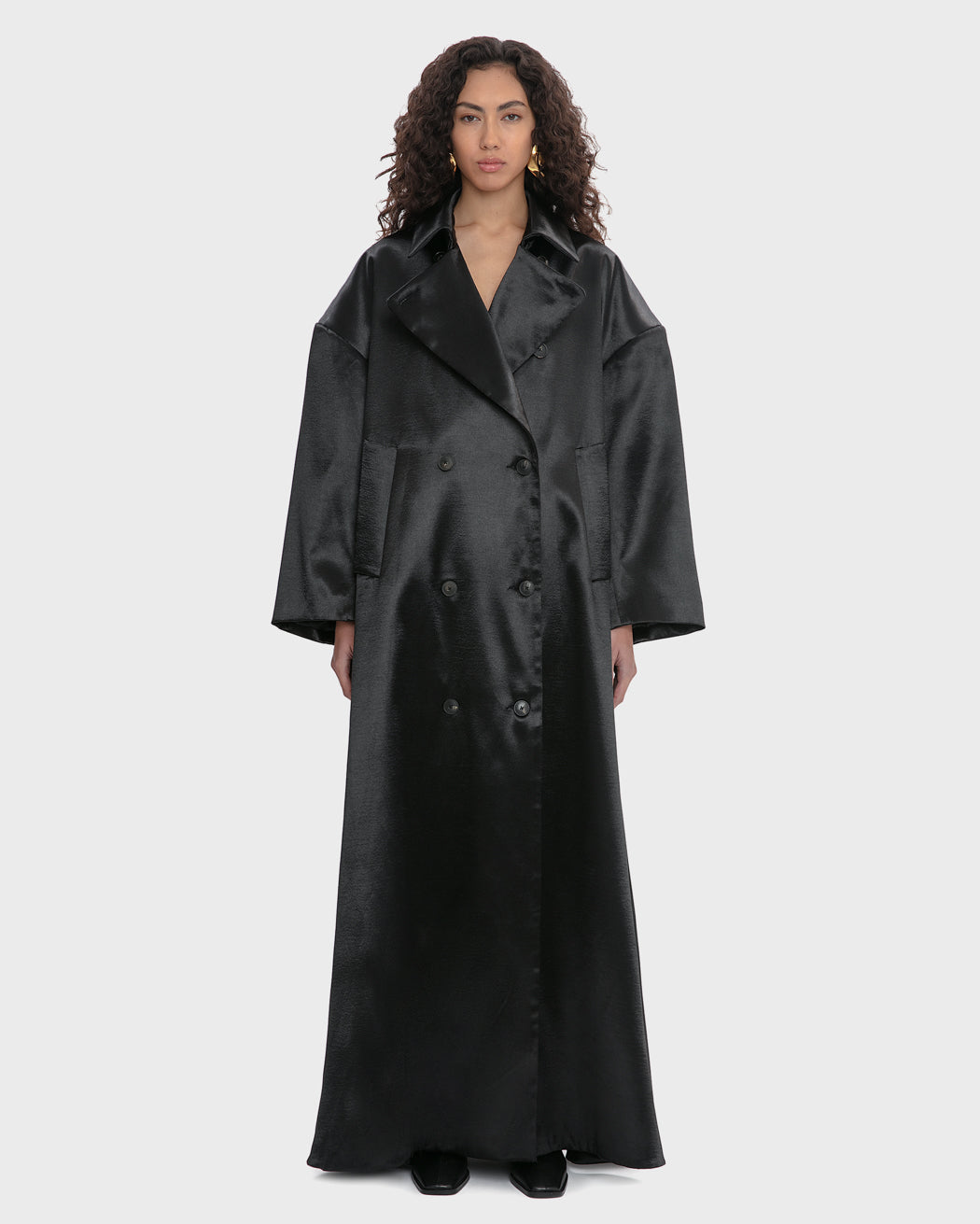 RIPPLED SATIN MAXI TRENCH COAT