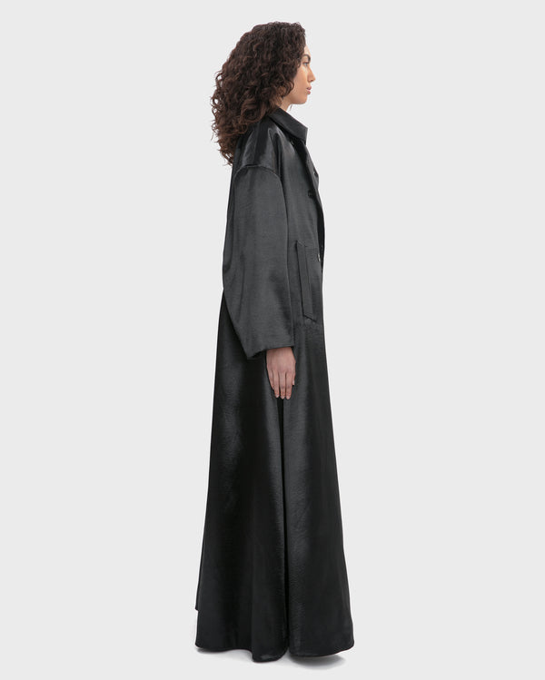 RIPPLED SATIN MAXI TRENCH COAT