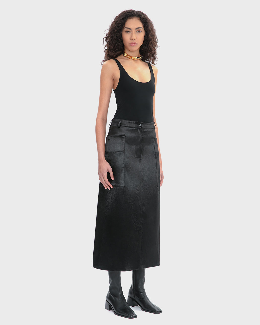 RIPPLED SATIN MIDI CARGO SKIRT