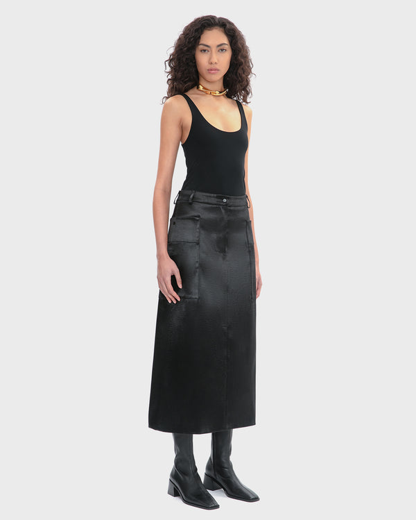 RIPPLED SATIN MIDI CARGO SKIRT