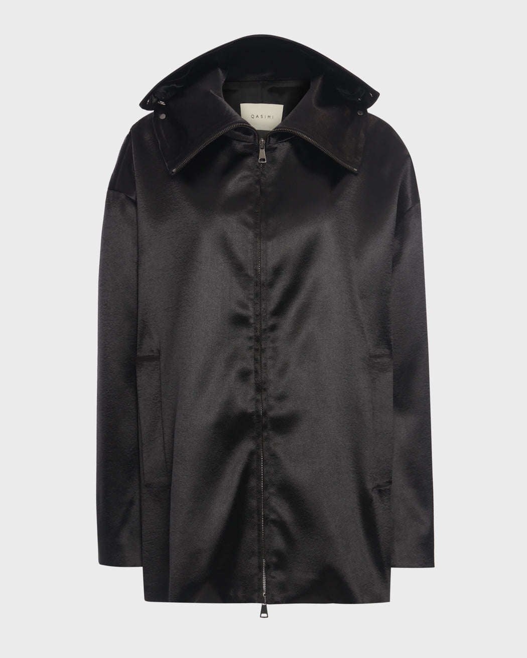 RIPPLED SATIN ZIP UP HOODED JACKET