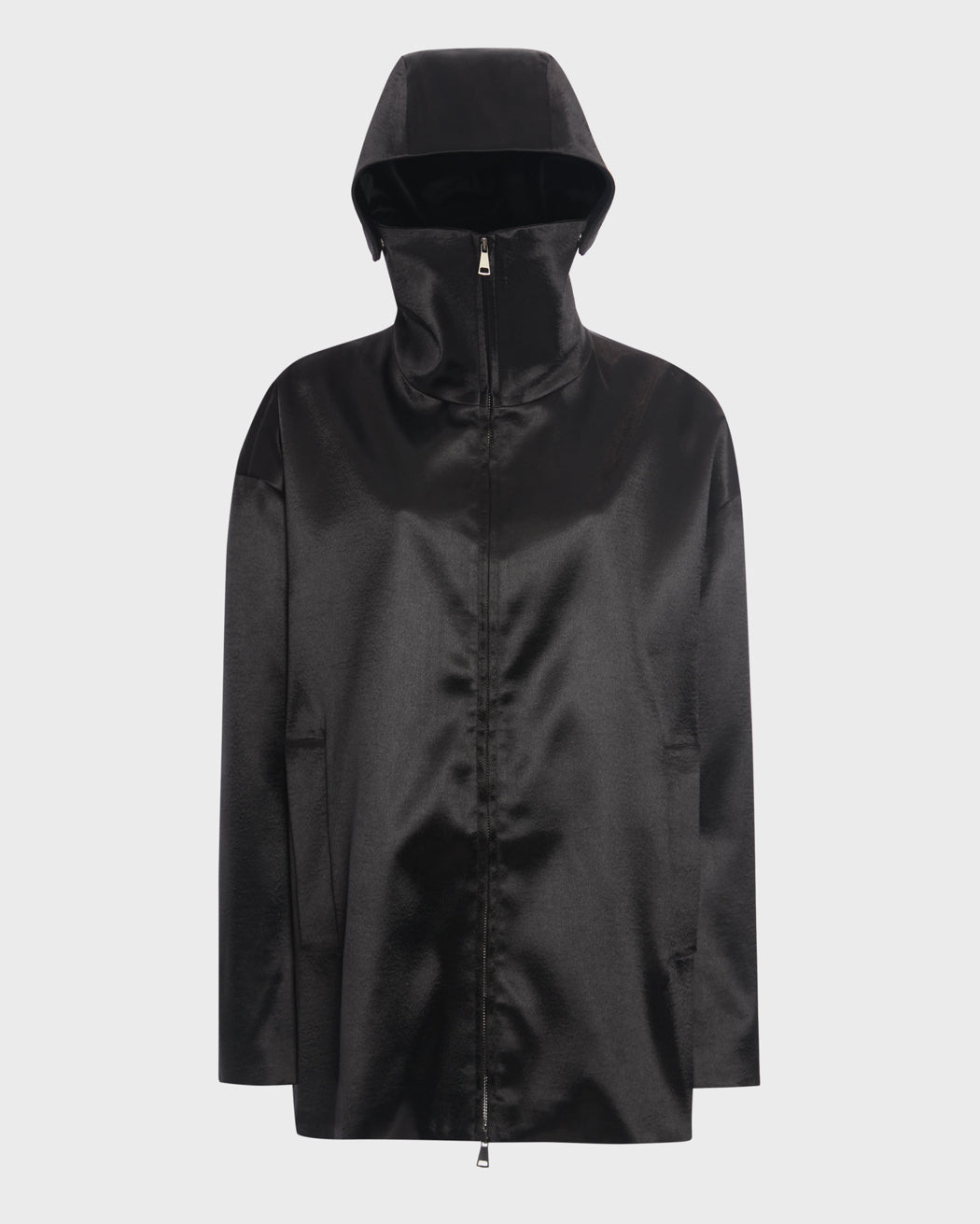 RIPPLED SATIN ZIP UP HOODED JACKET